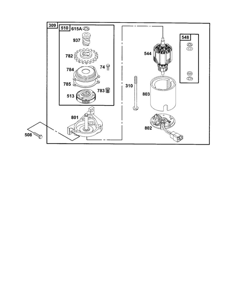 Motor-Starter/Housing Starter Diagram and Parts List for 12E800-12E899 0620-0653-0808 Briggs and Stratton Engine